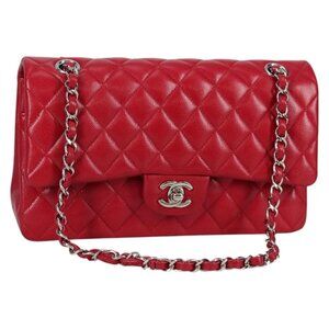 CHANEL Matelasse Chain Shoulder Bag Grained Calf Skin Red Silver